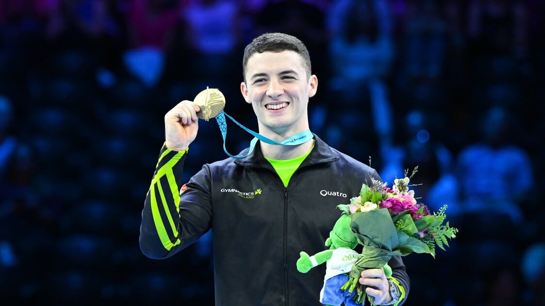 Rhys McClenaghan of Ireland celebrates with his gold medal after winning the Men's Pommel Horse Final at the 2023 World Artistic Gymnastics Championships at the Sportpaleis in Antwerp, Belgium                       Picture: Filippo Tomasi/Sportsfile