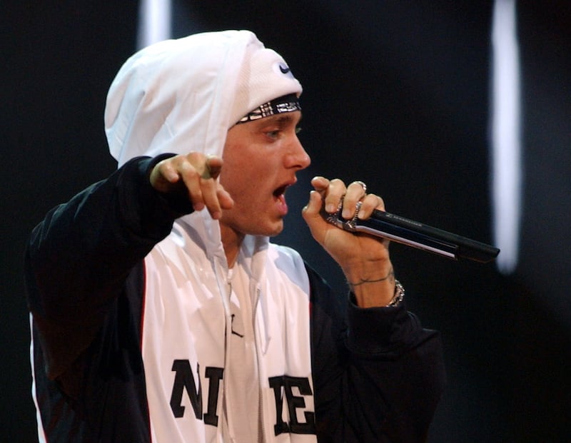 US rapper Eminem performing on stage during the MTV Europe Music Awards 2002