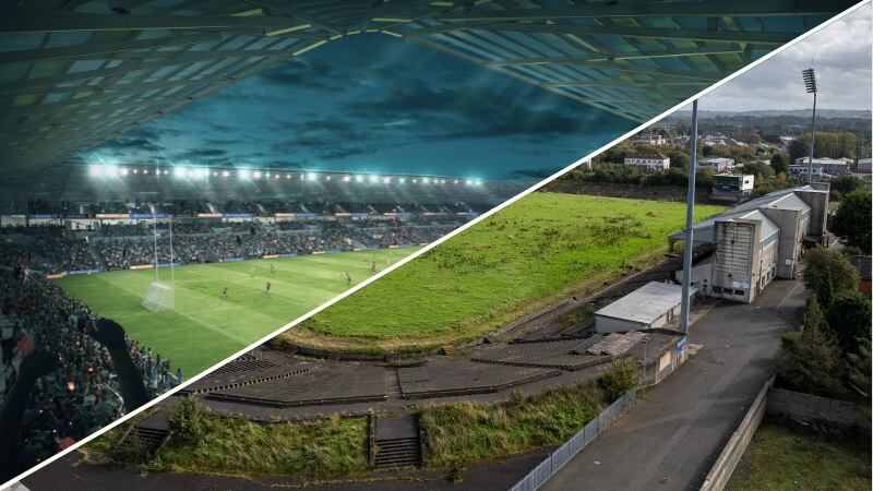 A comparison image of what Casement Park is meant to be and what Casement Park looks like now