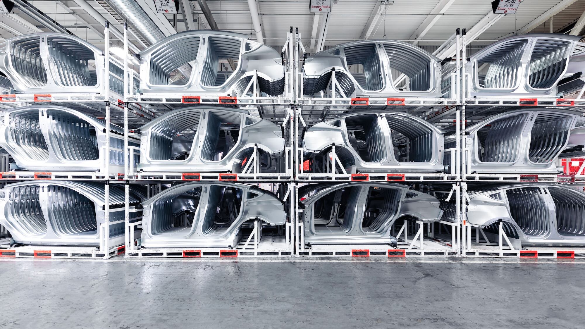 Vehicle bodies in white at Tesla Fremont Gigafactory
