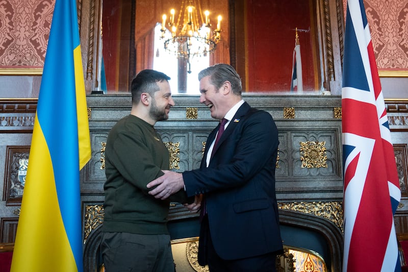 Sir Keir Starmer (right) greets Ukrainian president Volodymyr Zelensky at Speaker’s House in the Palace of Westminster in 2023