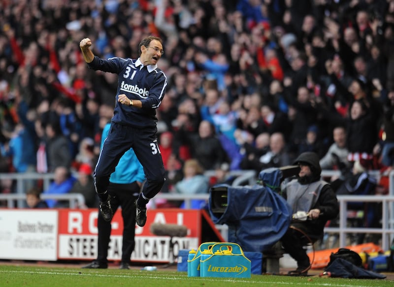 Life on the line: Martin O'Neill celebrates a winner for Sunderland at the Stadium of Light,