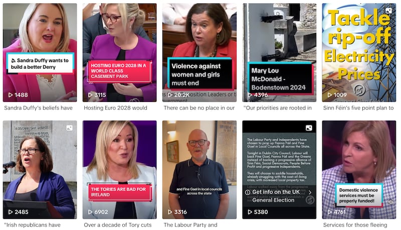 A screenshot of Sinn Féin's official TikTok account shows the variety of videos uploaded to their page. Content for the north and south are mixed which can make finding Westminster election-specific content difficult. 
(TikTok.com/@sinnfein)