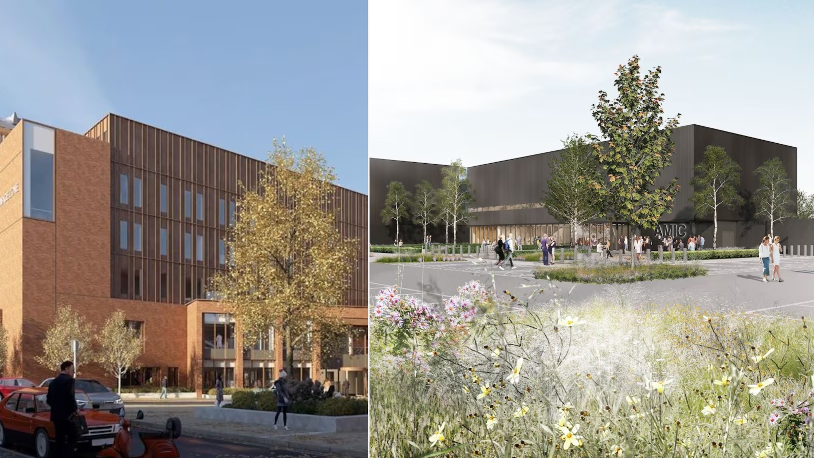 Visuals produced during the proposal phase for the iREACH Health facility in south Belfast (left) and the new Advanced Manufacturing Innovation Centre in Newtownabbey (right).
