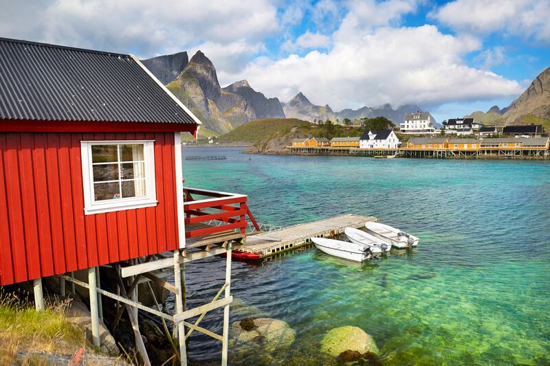 Traditional red fishermen`s huts Rorbu huts in the Lofoten Islands