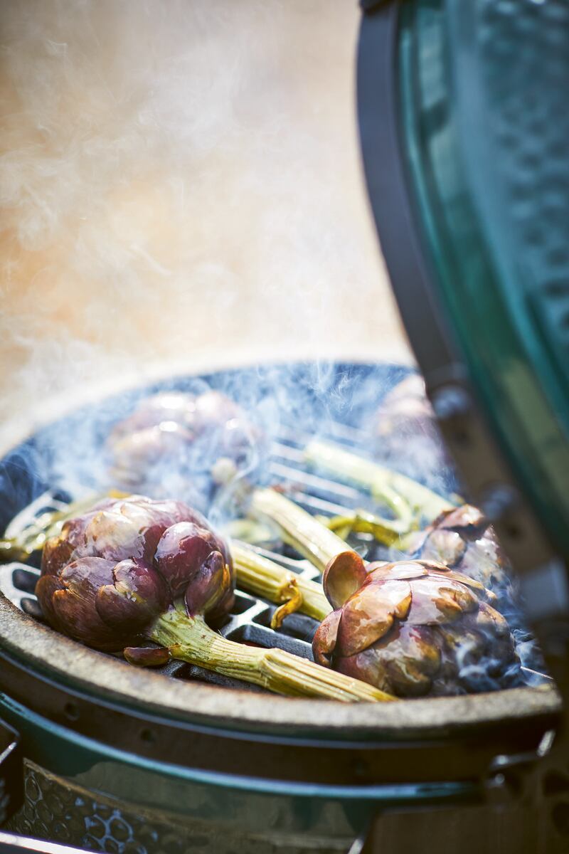 Grilled artichokes with hollandaise from Big Green Egg Feasts