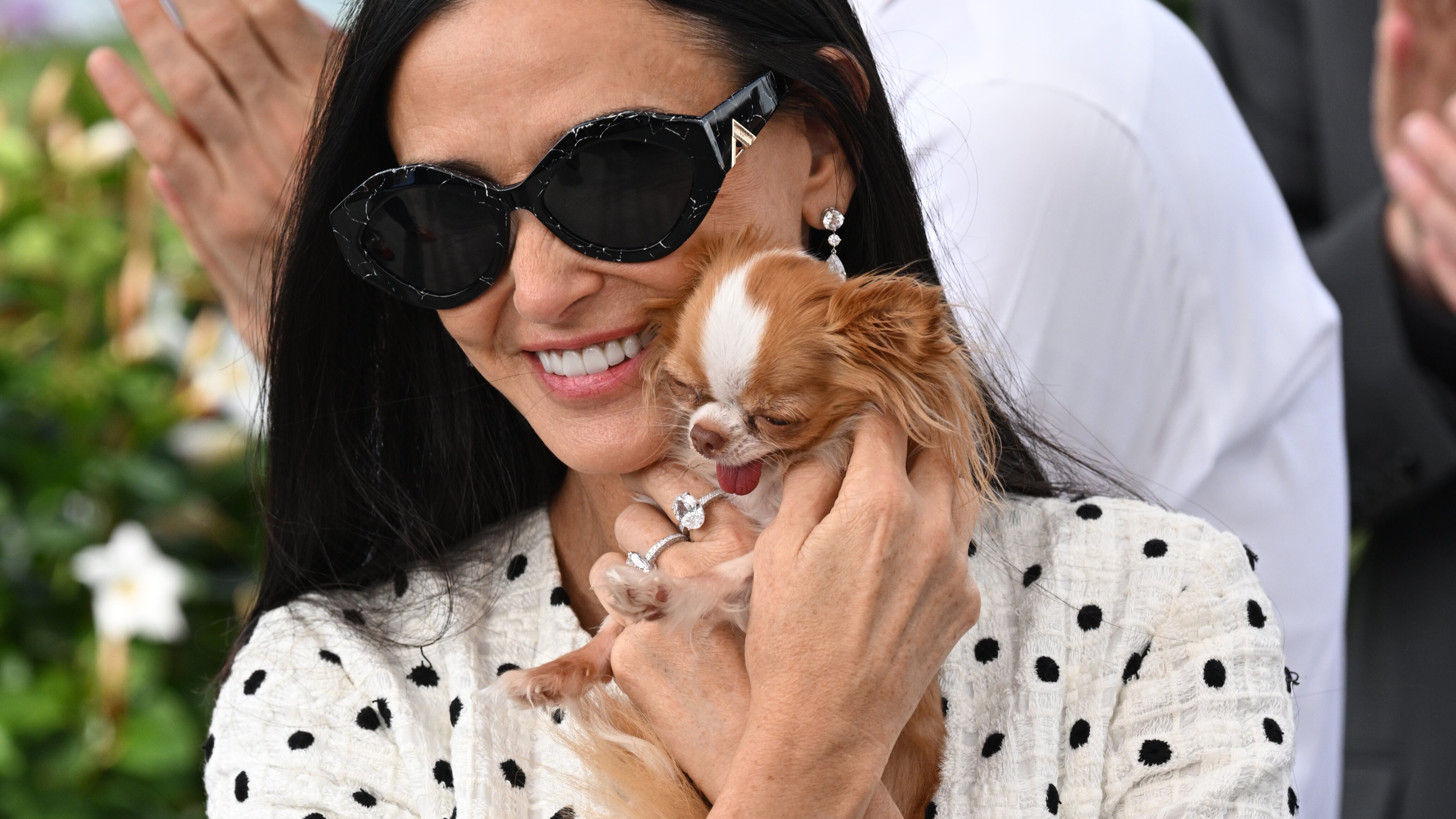 Demi Moore and her dog Pilaf at the photocall for The Substance during the Cannes Film Festival in France