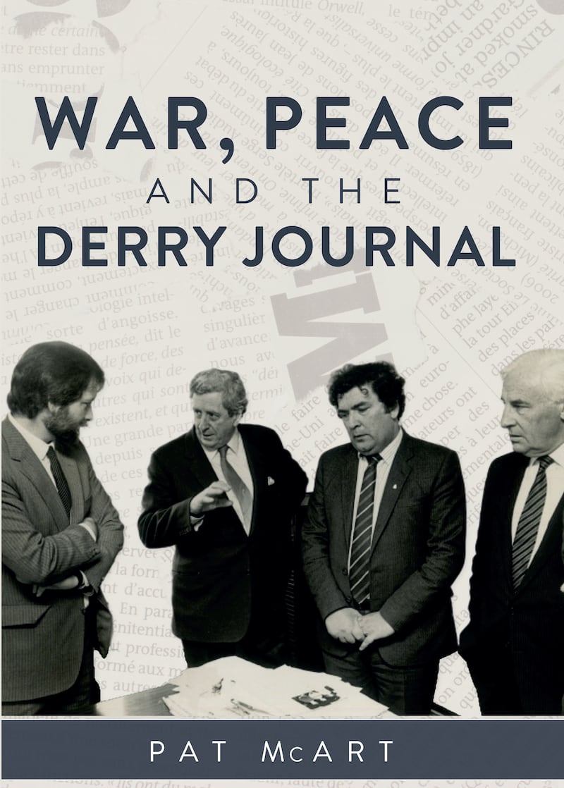 The Taoiseach Garret FitzGerald and Irish Foreign Minister Peter Barry, and SDLP leader John Hume confer with Pat McArt in the editor's office during the first Irish state visit to the North in almost 20 years