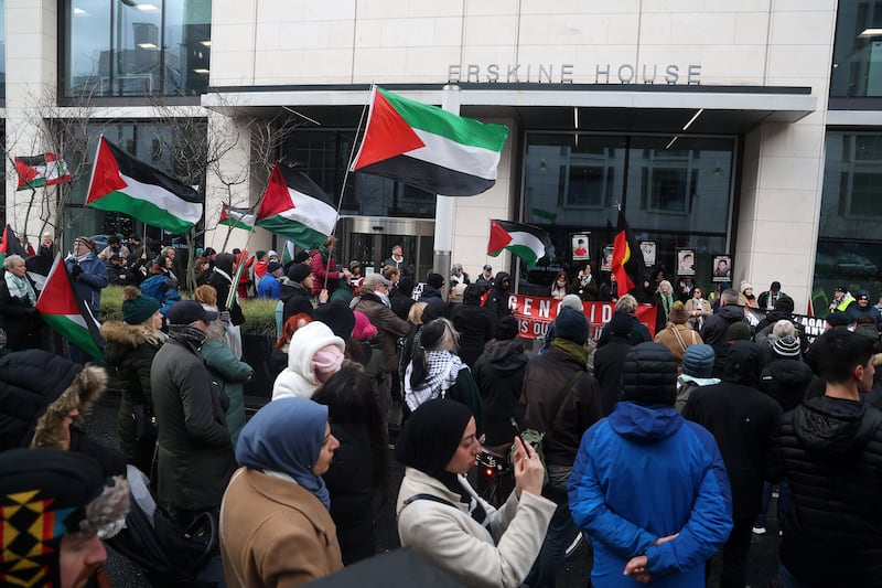 Palestine Campaigners take part in a march from Writers Square to Erskine House in Belfast City Centre. PICTURE: MAL MCCANN