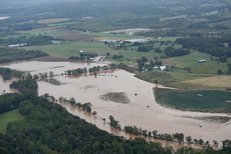 An aerial view of flood damage left by Hurricane Helene along the Nolichucky River in Greene County, Tennessee (George Walker IV/AP)