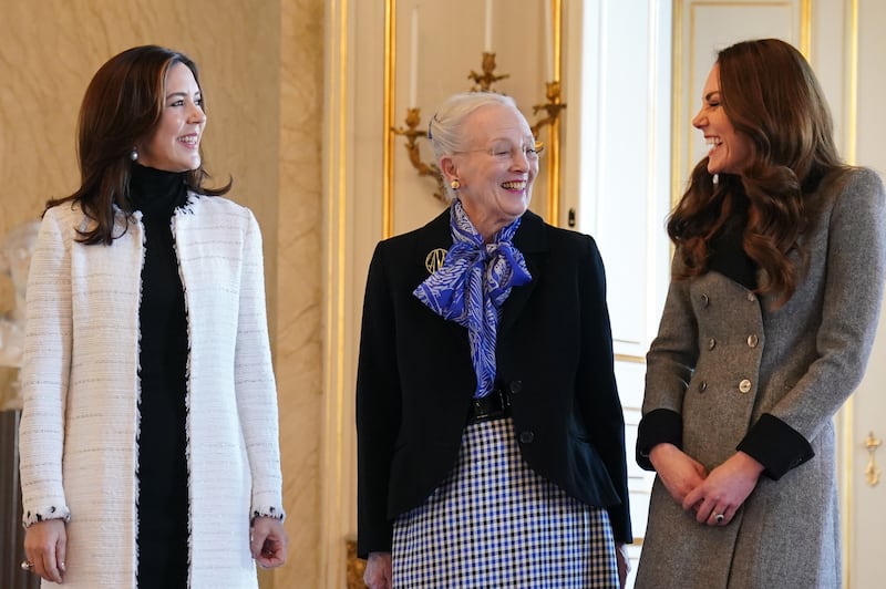 The then-Duchess of Cambridge is welcomed by Queen Margrethe II (centre) and Crown Princess Mary of Denmark during an audience at Christian IX’s Palace, Copenhagen, on a visit with The Royal Foundation Centre for Early Childhood in 2022