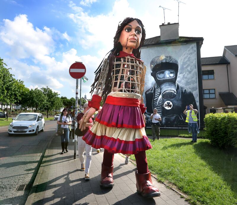 Little Amal at Free Derry Corner in the Bogside area of Derry during her visit to the city on Monday. Picture Margaret McLaughlin  20-5-2024