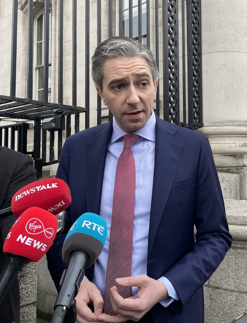 Simon Harris speaks to the media at Government Buildings, Dublin