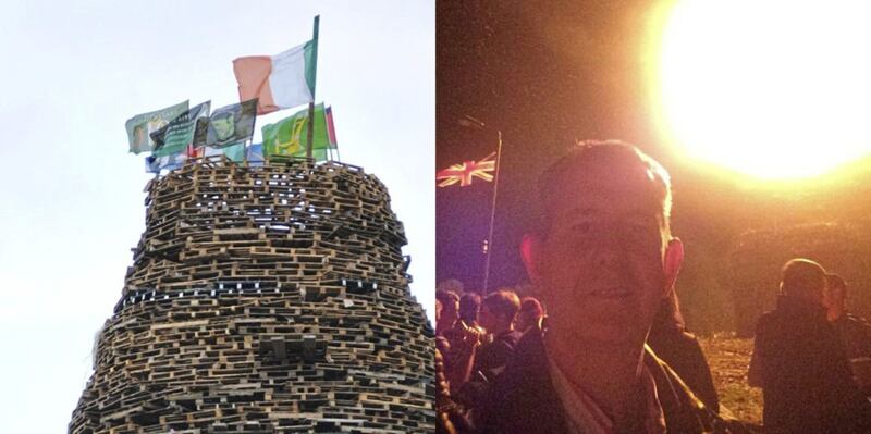 The DUP&#39;s Edwin Poots took a selfie, right, at Ballymacash bonfire which had been bedecked in tricolours 