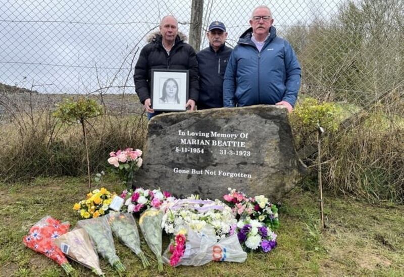 Marian Beattie's three brothers at a new memorial to their sister in Co Tyrone. Picture from RTE