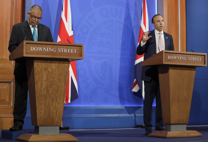 Professor Jonathan Van Tam appearing on a media briefing with then-health secretary Matt Hancock in April 2021