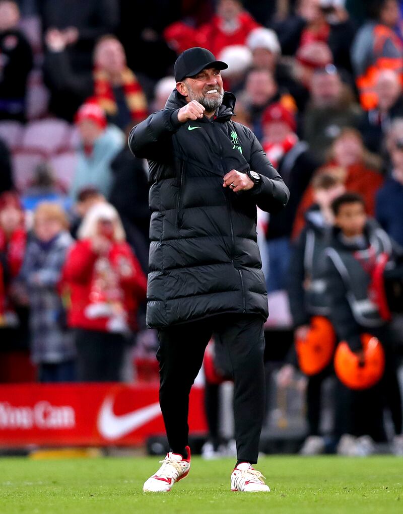 Liverpool manager Jurgen Klopp celebrates at the end of the match Tim Markland/PA)