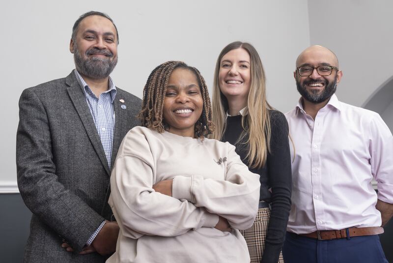 (l to r) Consultant neurosurgeon Asim Sheikh, Ruvimbo Kaviya, biomedical engineer Lisa Ferrie and facial surgeon Jiten Parmar