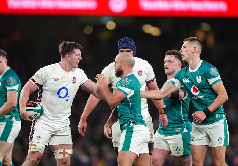 Tempers fray between England's Ben Curry and Ireland's Jamison Gibson-Park during the Guinness Men's Six Nations match at the Aviva Stadium in Dublin, Ireland. Picture date: Saturday February 1, 2025. PA Photo. See PA story RUGBYU Ireland. Photo credit should read: Brian Lawless/PA Wire.

RESTRICTIONS: Use subject to restrictions. Editorial use only, no commercial use without prior consent from rights holder.