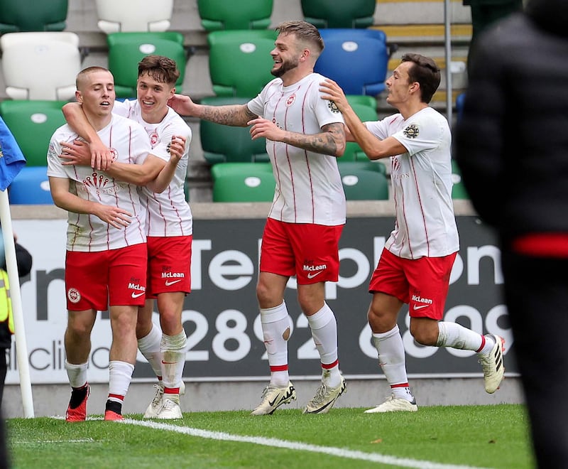 Larne's Conor McKendry celebrates his goal during  his side's win over Linfield in Sports Direct Premiership clash at Windsor Park

Picture: David Maginnis/Pacemaker Press