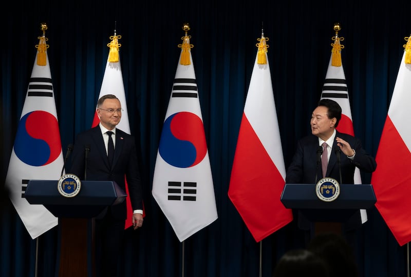 South Korean President Yoon Suk Yeol and Poland’s President Andrzej Duda speak during a joint press conference at the Presidential Office in Seoul (Jeon Heon-Kyun/AP)