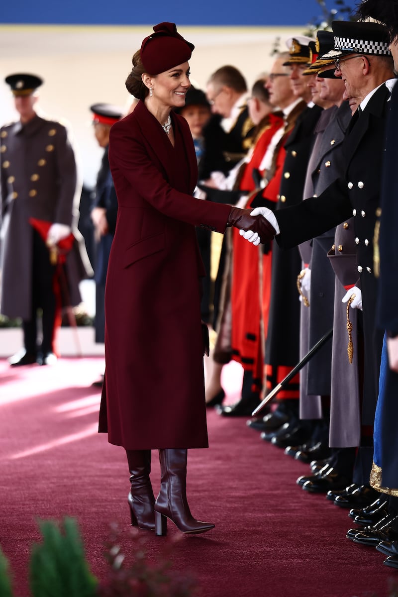 The Princess of Wales ahead of a Ceremonial Welcome for the Emir of Qatar Sheikh Tamim bin Hamad Al Thani and his wife Sheikha Jawaher at Horse Guards Parade, London during the state visit to the UK of the Emir of Qatar and the first of his three wives. Picture date: Tuesday December 3, 2024.