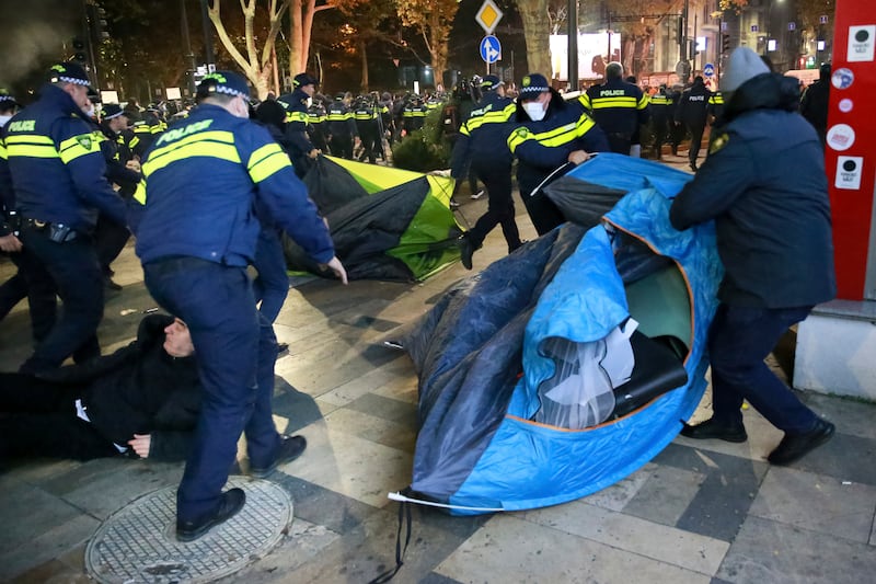 Police removed protesters’ tents from the camp in Tbilisi (Zurab Tsertsvadze/AP)