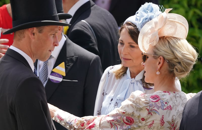 William chats to his mother-in-law Carole Middleton and Cousin Zara Tindall in Royal Ascot’s parade ring