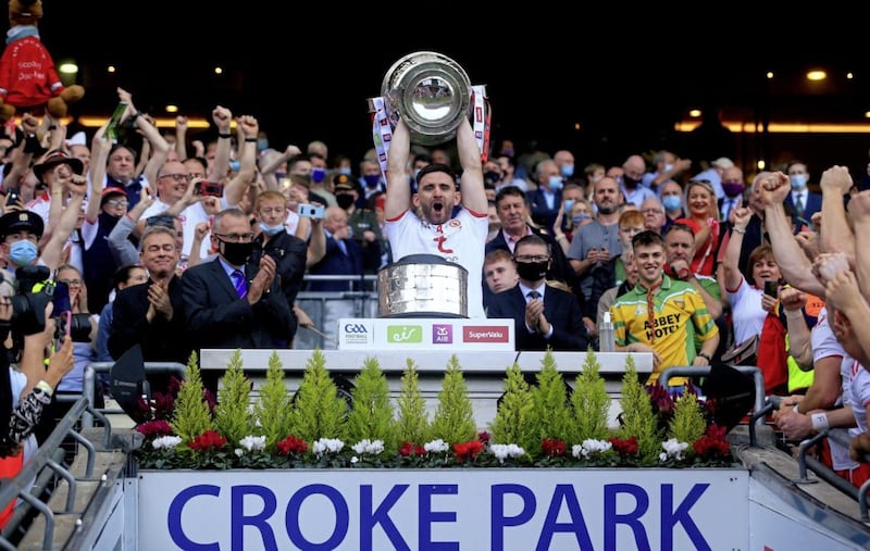 Tyrone's captain Padraig Hampsey lifts the Sam Maguire Cup after winning the All Ireland Final in Croke Park. Picture by Seamus Loughran