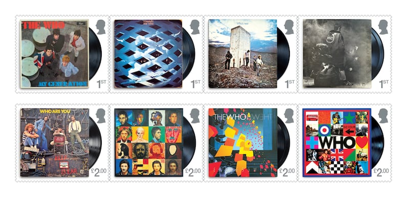 A miniatures sheet of Royal Mail stamps featuring The Who album covers