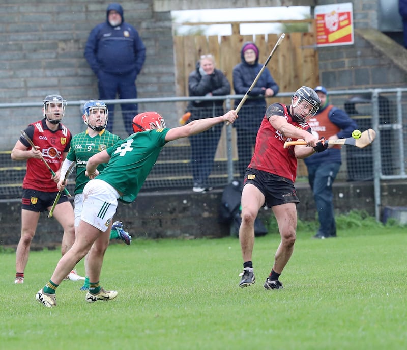 Down's Daithi Sands and Meath's Ronan Byrne in action during the Allianz Hurling Division 2 Round 5 between Down and Meath at McKenna Park,Ballycran on 03-16-2024. Pic Philip Walsh