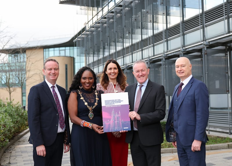 Pictured at Ulster University's Derry~Londonderry campus at the launch of the Magee Expansion Taskforce's final report and Action Plan are (l-r) Stephen Kelly, Chair of the Magee Taskforce; Cllr Lillian Seenoi Barr, Mayor of Derry City and Strabane District Council; Nicola Skelly, Vice Chair of the Magee Taskforce; Economy Minister Conor Murphy; and Professor Paul Bartholomew, Vice-Chancellor of Ulster University.