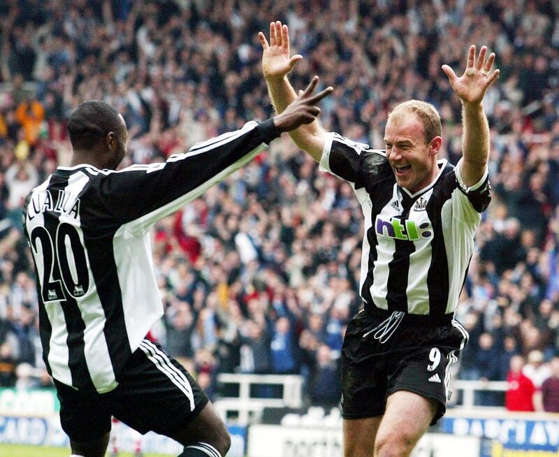 Alan Shearer celebrates scoring his 200th Premier League goal