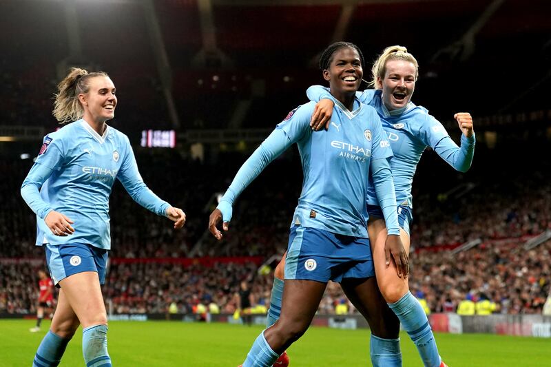 Khadija Shaw (centre) was among the scorers when City beat United 3-1 in the Manchester derby at Old Trafford