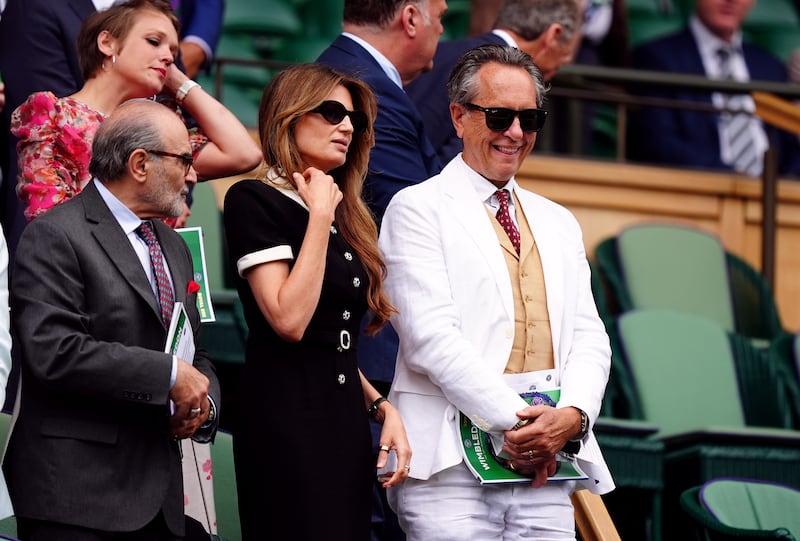 Richard E. Grant and Jemima Khan in the royal box on day 10 of the 2024 Wimbledon Championships