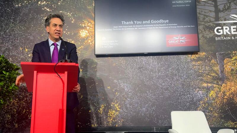 Ed Miliband speaks during the UK pavilion closing event at the Cop29 climate summit in Baku, Azerbaijan