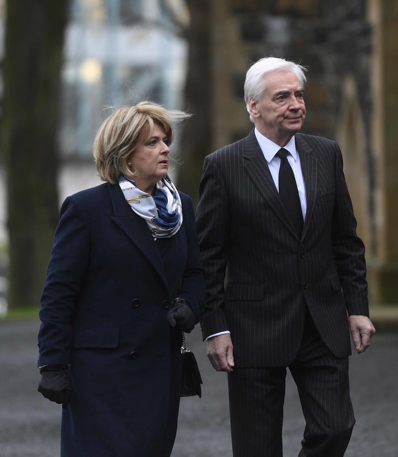 Rose Neil and Paul Clarke attend the funeral of veteran journalist and former UTV political editor Ken Reid