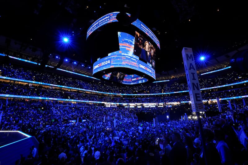 Democratic presidential nominee vice president Kamala Harris is seen on a video monitor after the roll call during the Democratic National Convention (Paul Sancya/AP)