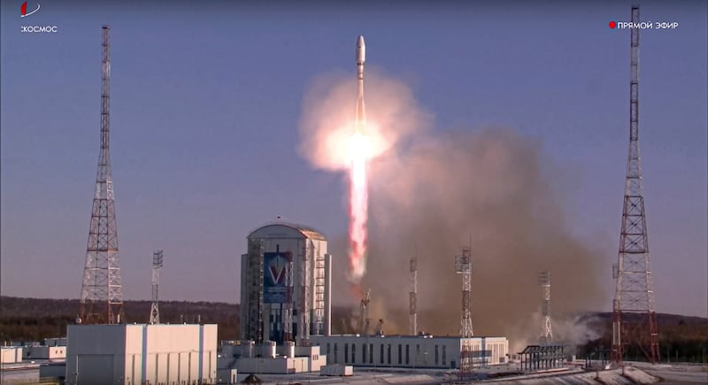 A Soyuz rocket lifts off from a launch site in Vostochny, far eastern Russia to carry satellites, including two built by Iran, into orbit (Roscosmos/AP)