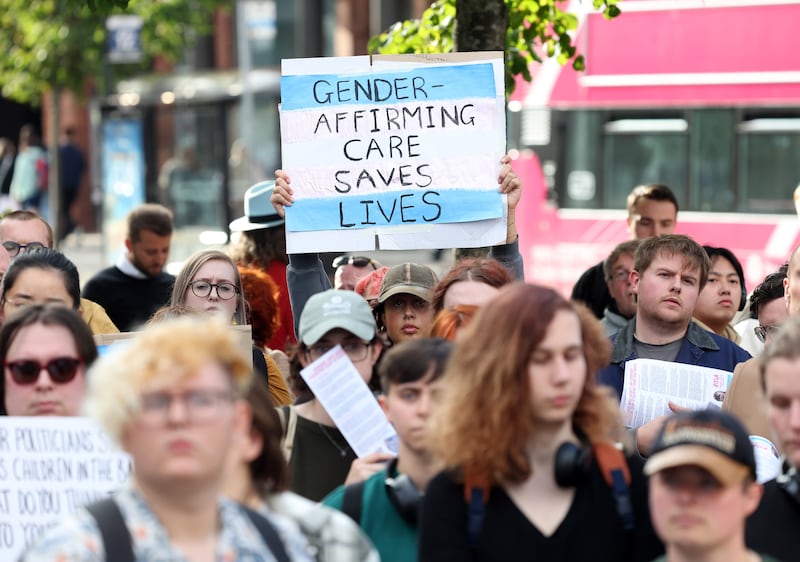 Rally at Belfast City Hall against the ban on puberty blockers . PICTURE: MAL MCCANN