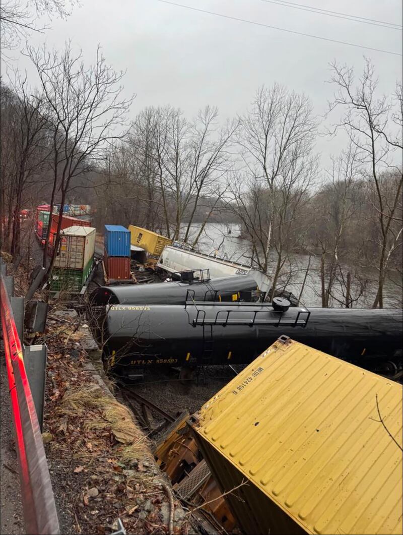 Authorities said it was unclear how many carriages were involved but no injuries or hazardous materials were reported. (Nancy Run Fire Company via AP)