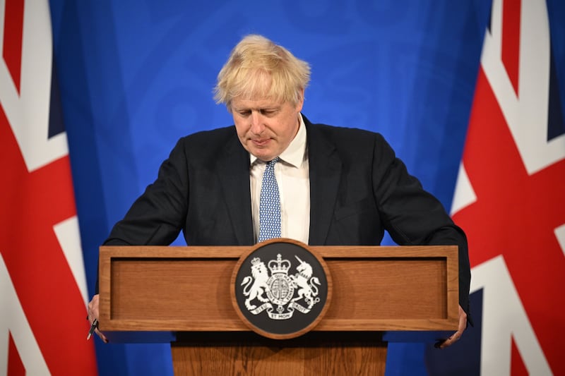 Boris Johnson during a press conference following the publication of Sue Gray’s report into Downing Street parties in Whitehall during the coronavirus lockdown