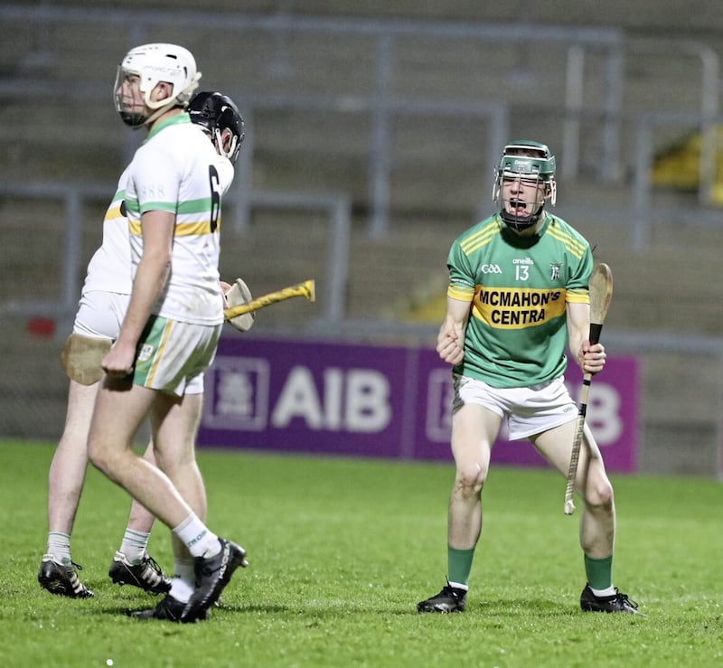 Castleblayney&#39;s Thomas Hughes celebrates his goal during the Ulster GAA Club Intermediate Hurling Quarter Final between Liatroim Fontenoys and Castleblayney on 11-05-2022 at Pairc Esler Newry. Pic Philip Walsh 