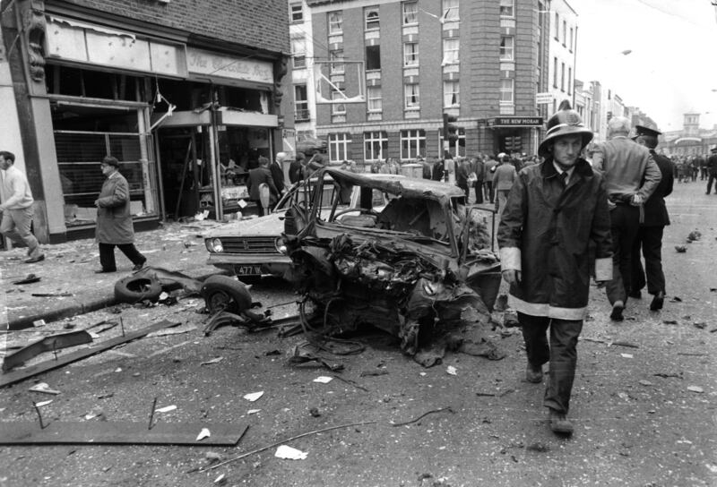 A wrecked car in Talent Street which was near one of the three car bombs that exploded in rush hour in Dublin.