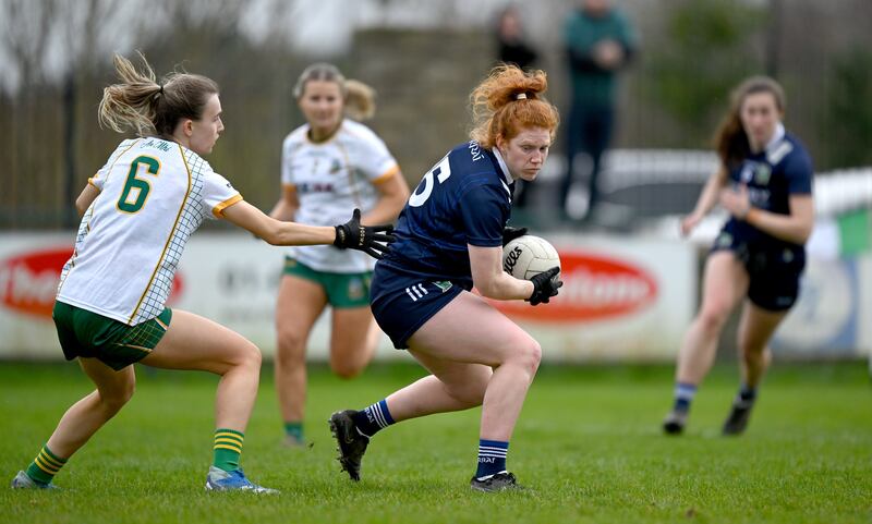 17 March 2024; Louise Ní Mhuircheartaigh of Kerry in action against Mary Kate Lynch of Meath during the Lidl LGFA National League Division 1 Round 6 match between Meath and Kerry at Donaghmore Ashbourne GAA Club in Ashbourne, Meath. Photo by Brendan Moran/Sportsfile *** NO REPRODUCTION FEE ***