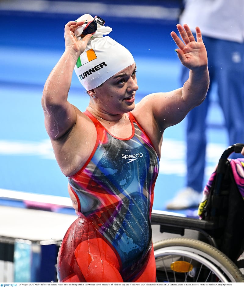 29 August 2024; Nicole Turner of Ireland reacts after finishing sixth in the Women's 50m Freestyle S6 Final on day one of the Paris 2024 Paralympic Games at La Défense Arena in Paris, France. Photo by Ramsey Cardy/Sportsfile