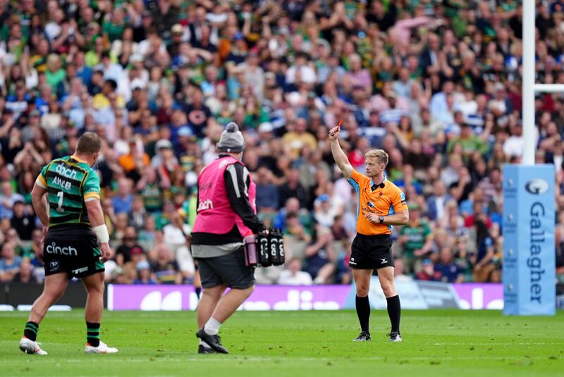 Referee Christophe Ridley shows Bath’s Beno Obano (not pictured) a red card