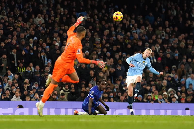 Erling Haaland (right) was on target in the second half as Manchester City turned things around against Chelsea at the Etihad Stadium