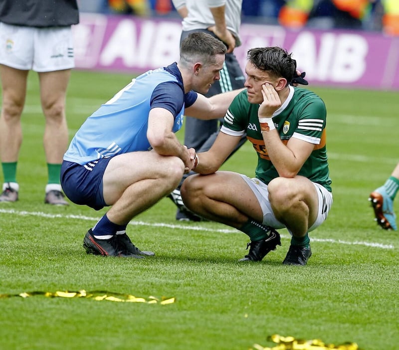 Dublin's Brian Fenton and Kerry's David Clifford shake hands at the end of a pulsating All-Ireland Senior Football Championship final at Croke Park on Sunday. Picture by Philip Walsh