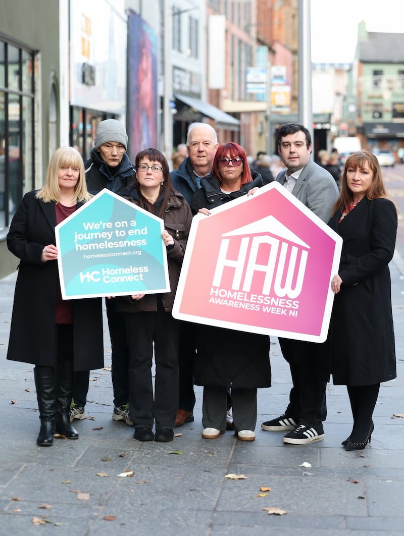 Pictured at the launch of Homelessness Awareness Week 2024 are; (front row, l-r) Homeless Connect employees, Paula Maskey, Head of Business Solutions; Mark Baillie, Head of Policy & Programmes; Homeless Connect CEO, Nicola McCrudden and Nikki McConville, Lived Experience Coordinator. Homeless Connect board members (back row l-r) Cormac and Liam O'Hagan also pictured at the launch.